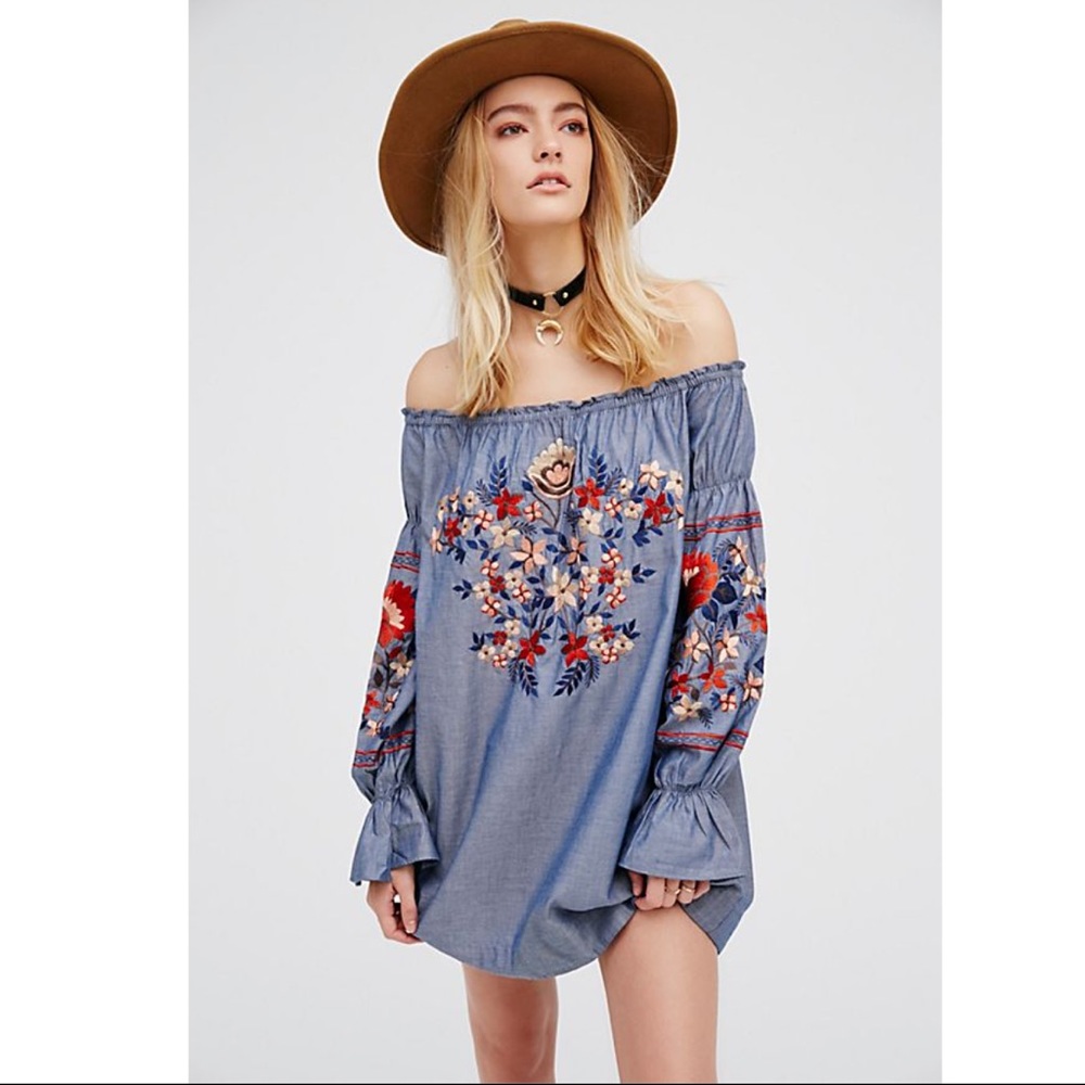 Free people chambray embroidered mini dress
